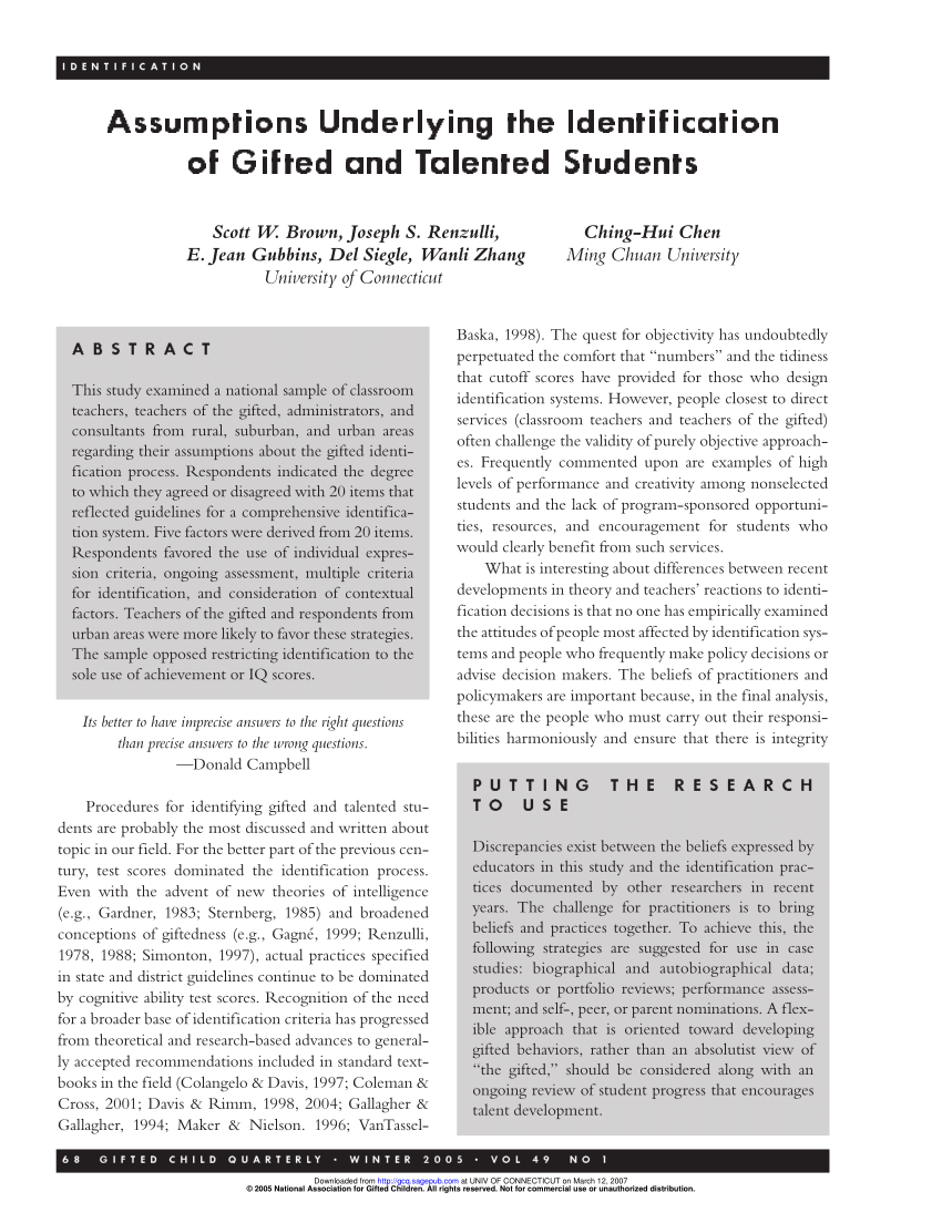 Pdf Assumptions Underlying The Identification Of Gifted And Talented Students