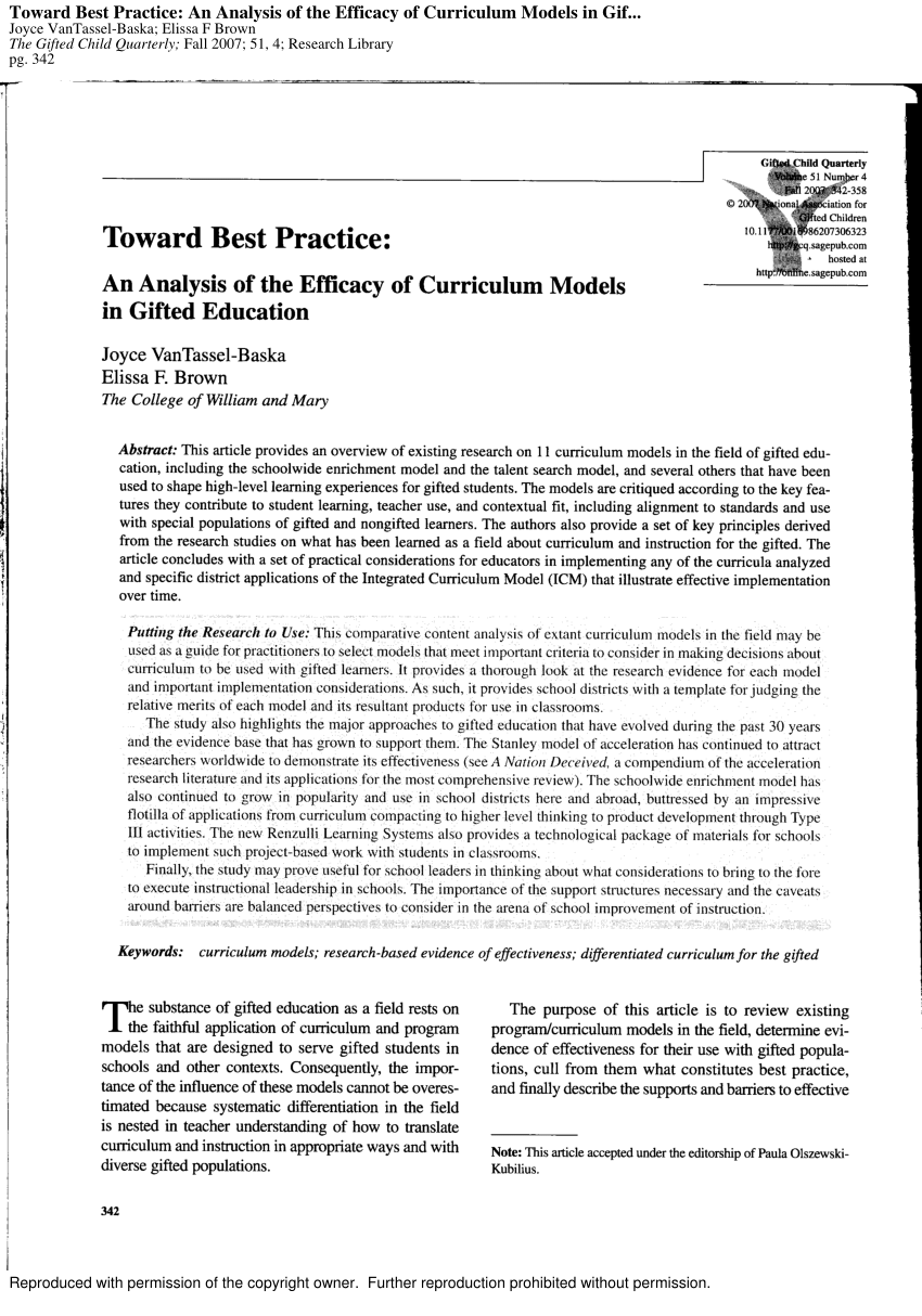 pdf  toward best practicean analysis of the efficacy of curriculum models in gifted education
