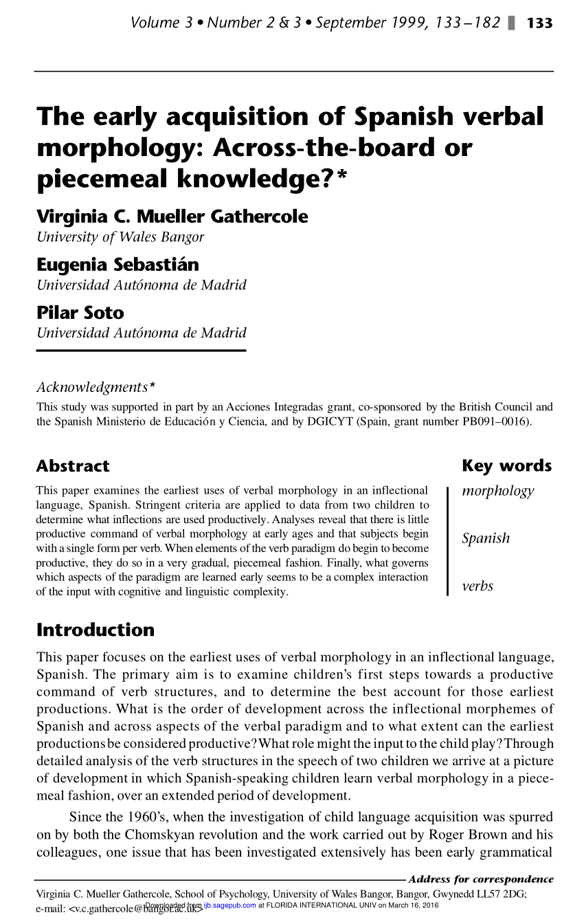 Pdf The Early Acquisition Of Spanish Verbal Morphology Across The Board Or Piecemeal Knowledge