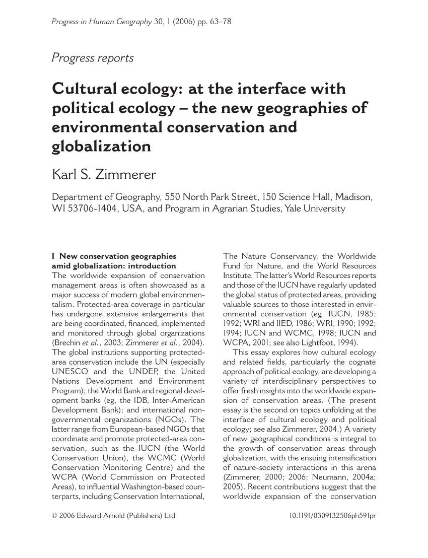 PDF) Cultural ecology: At the interface with political ecology - The geographies of environmental conservation globalization