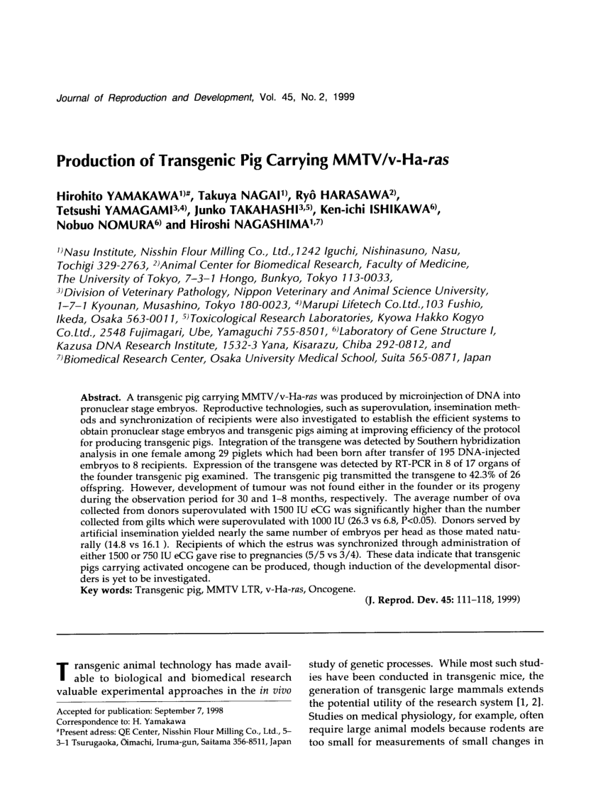 Pdf Production Of Transgenic Pig Carrying Mmtv V Ha Ras Ti