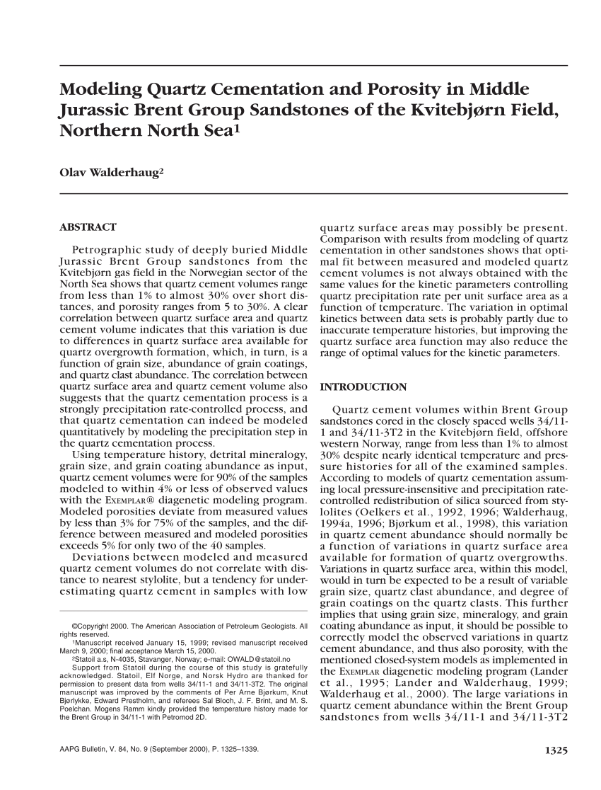 Pdf Modeling Quartz Cementation And Porosity In Middle Jurassic Brent Group Sandstones Of The Kvitebjorn Field Northern North Sea