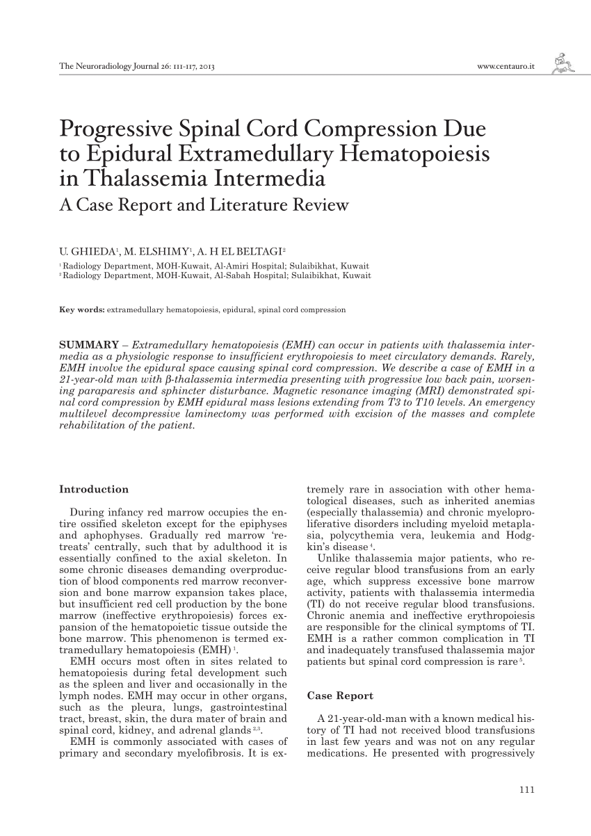 Pdf Progressive Spinal Cord Compression Due To Epidural Extramedullary Hematopoiesis In