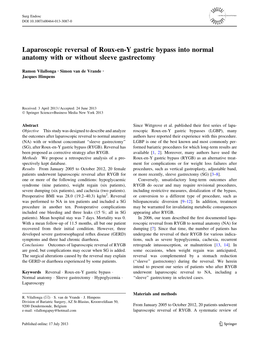 Pdf Laparoscopic Reversal Of Roux En Y Gastric Bypass Into Normal Anatomy With Or Without 