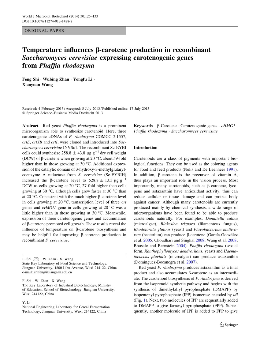 Pdf Temperature Influences B Carotene Production In Recombinant Saccharomyces Cerevisiae Expressing Carotenogenic Genes From Phaffia Rhodozyma