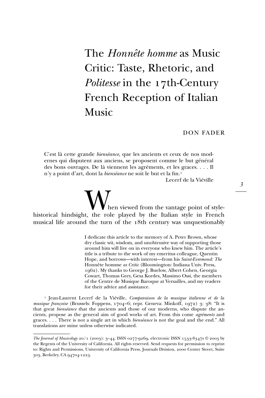 PDF) The Honnête homme as Music Critic Taste, Rhetoric, and Politesse in the 17th-Century French Reception of Italian Music
