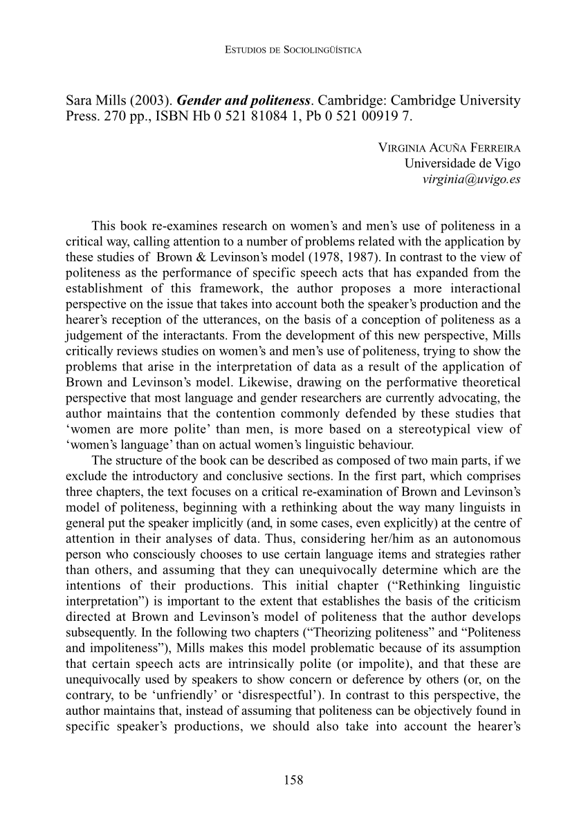 (PDF) Sara Mills (2003). Gender and politeness. Cambridge: Cambridge ...