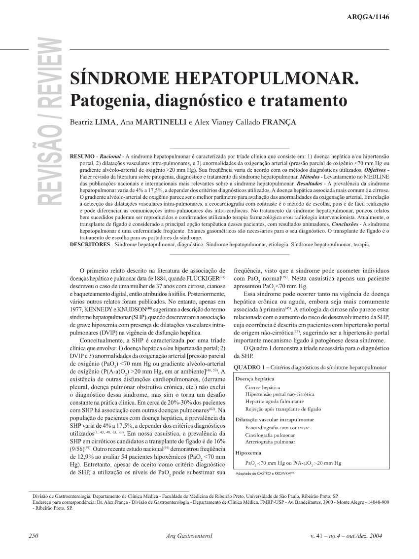 Pdf Sindrome Hepatopulmonar Patogenia Diagnostico E Tratamento