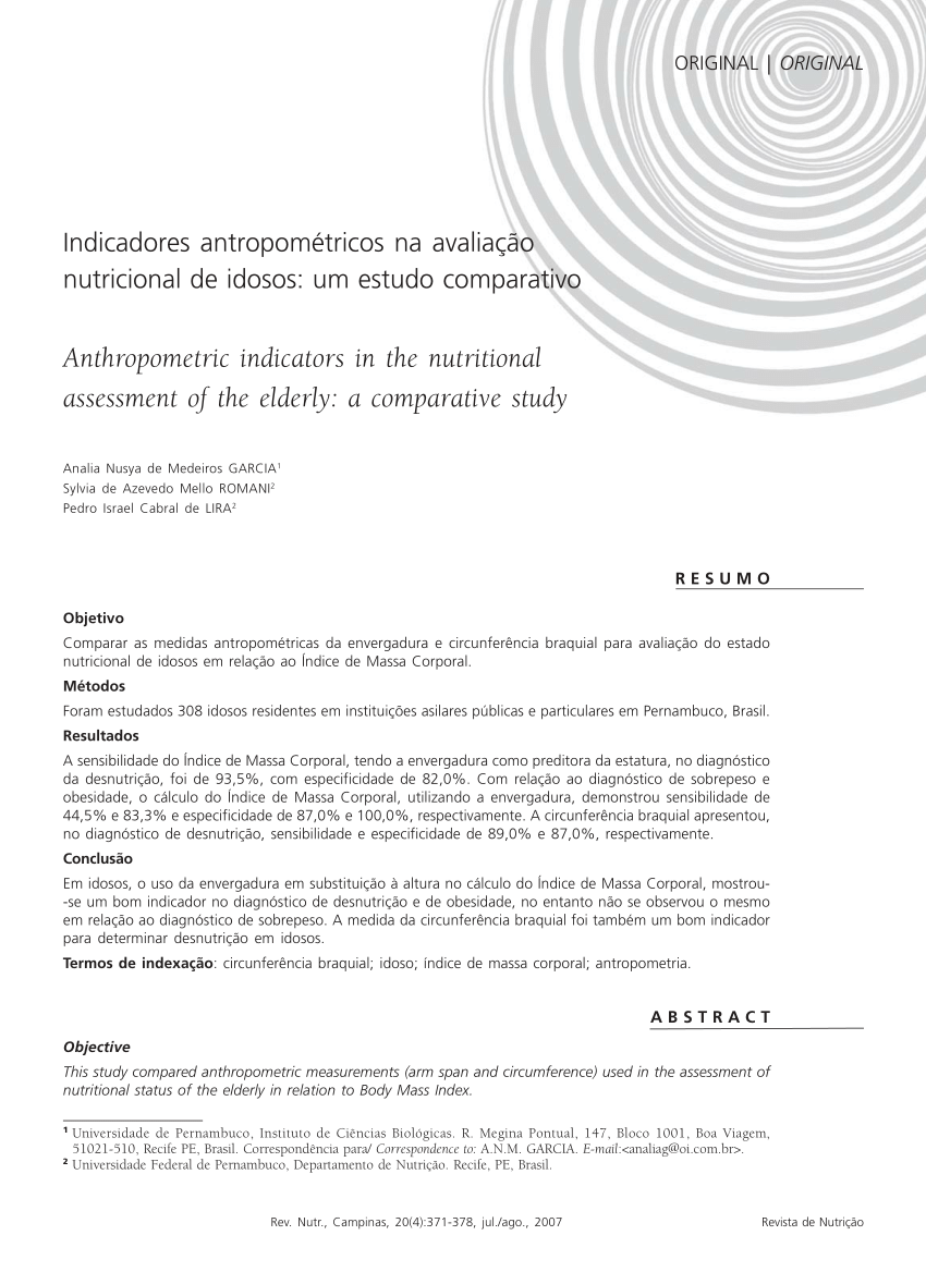 PDF) Indicadores antropométricos na avaliação nutricional de idosos: um  estudo comparativo
