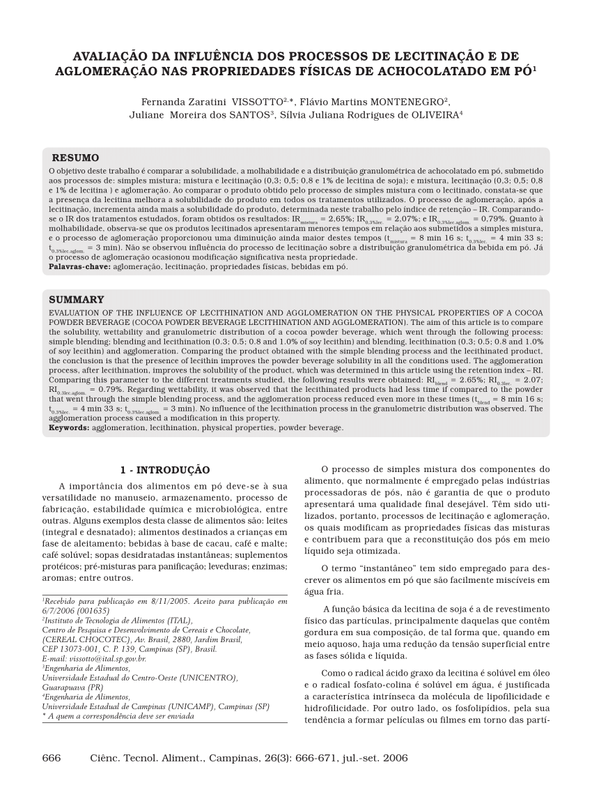 Pdf Avaliacao Da Influencia Dos Processos De Lecitinacao E De Aglomeracao Nas Propriedades Fisicas De Achocolatado Em Po