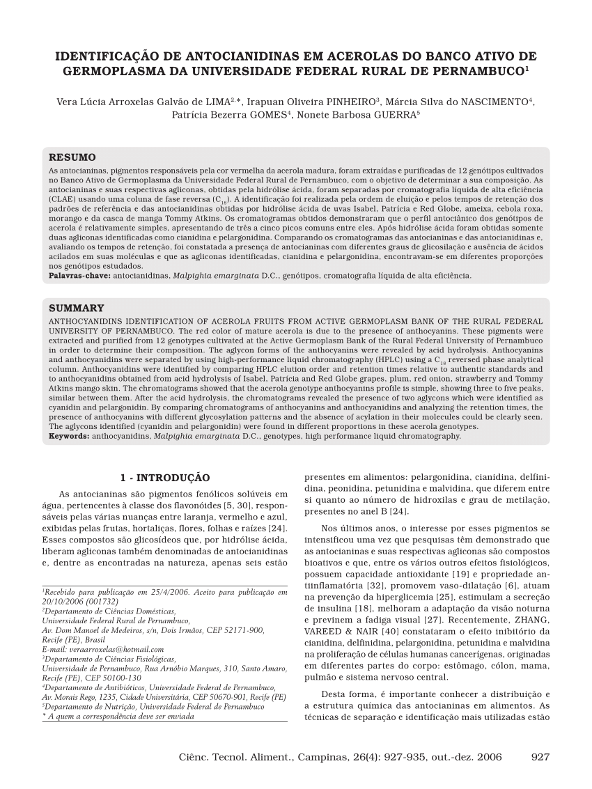 Pdf Identificacao De Antocianidinas Em Acerolas Do Banco Ativo De Germoplasma Da Universidade Federal Rural De Pernambuco