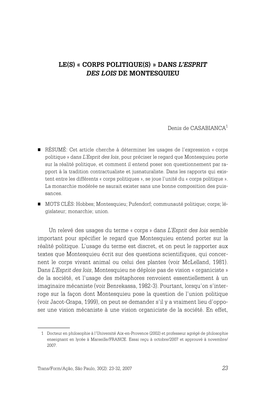 Pdf Le S Corps Politique S Dans L Esprit Des Lois De Montesquieu