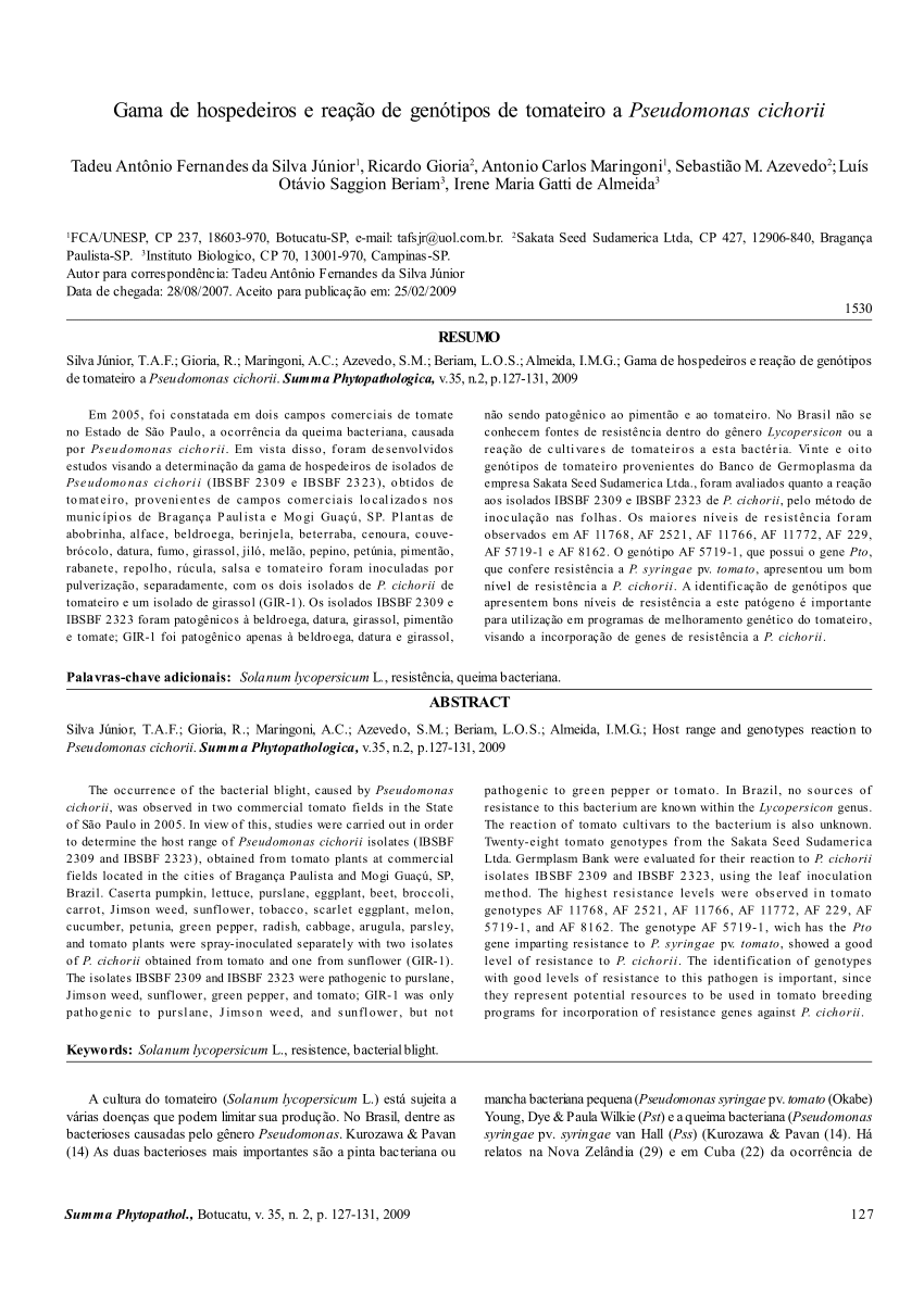 Pdf Gama De Hospedeiros E Reacao De Genotipos De Tomateiro A Pseudomonas Cichorii