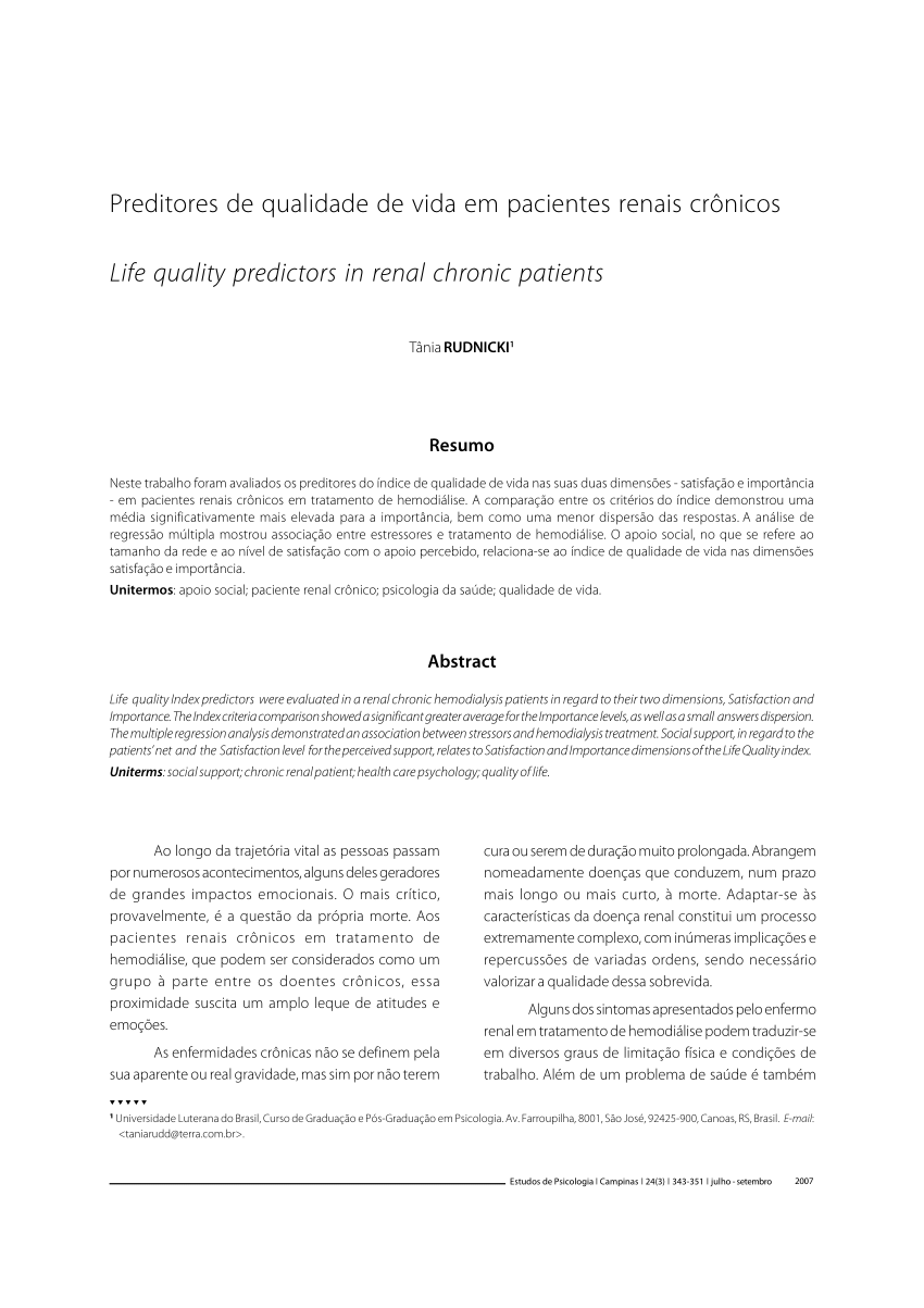 Pdf Preditores De Qualidade De Vida Em Pacientes Renais Crônicos 6446