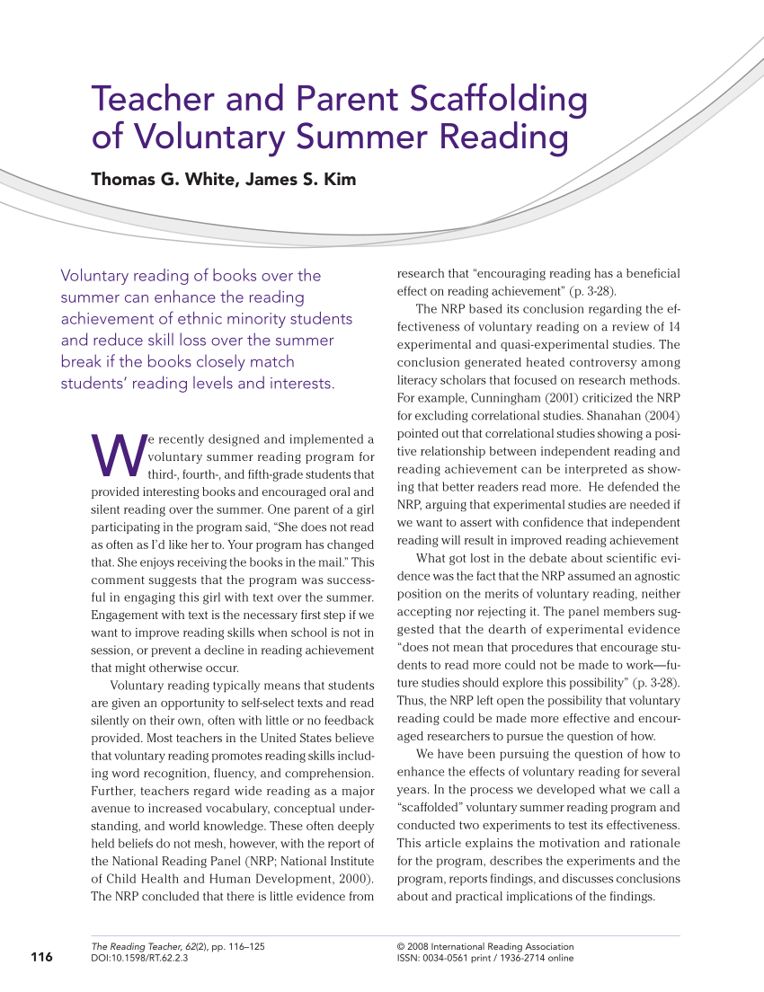 PDF) Teacher and Parent Scaffolding of Voluntary Summer Reading