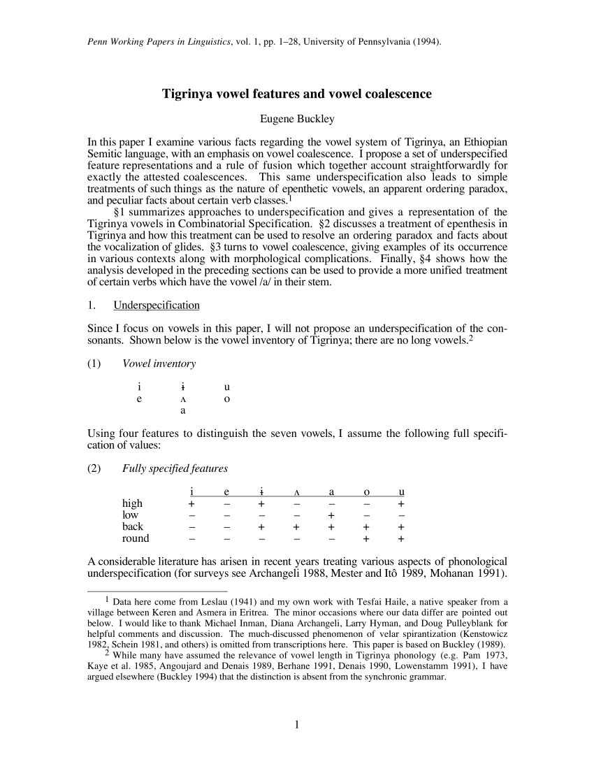 Pdf Tigrinya Vowel Features And Vowel Coalescence