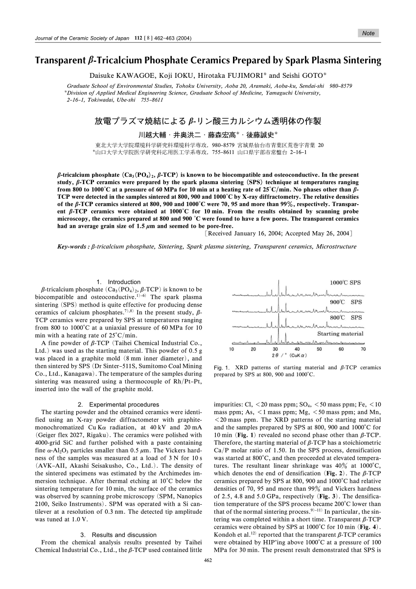 Pdf Transparent Beta Tricalcium Phosphate Ceramics Prepared By Spark Plasma Sintering