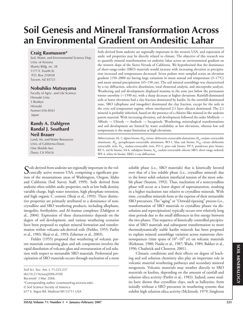 Pdf Soil Genesis And Mineral Transformation Across An Environmental Gradient On Andesitic Lahar