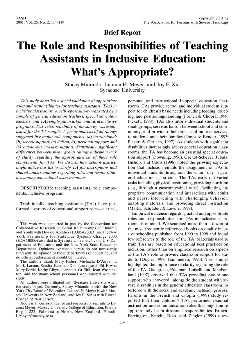 Pdf) The Role And Responsibilities Of Teaching Assistants In Inclusive  Education: What's Appropriate?