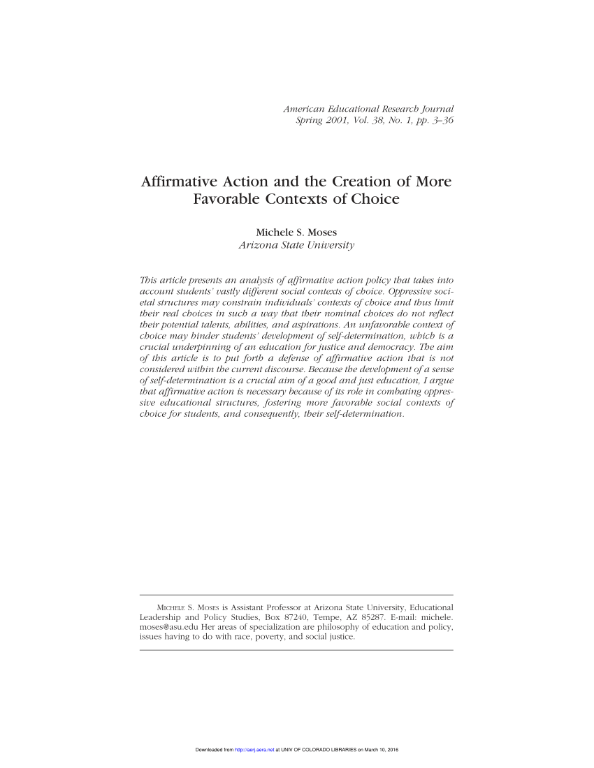 Pdf Affirmative Action And The Creation Of More Favorable Contexts Of Choice