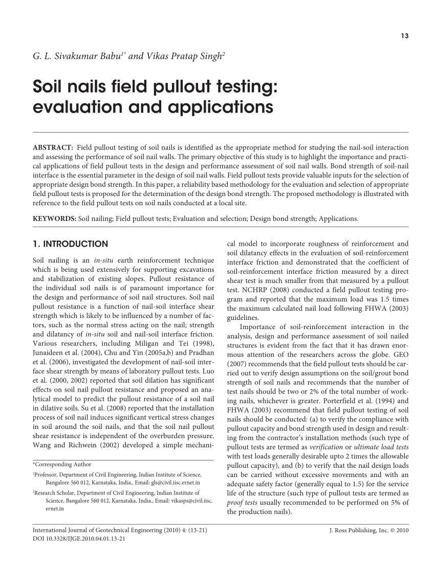 PDF) Soil nails field pullout testing: Evaluation and applications