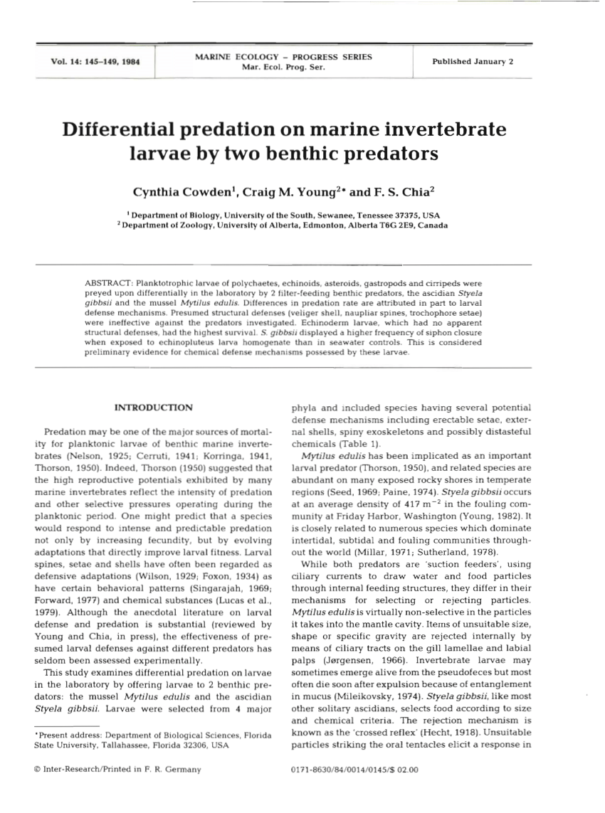 (PDF) Differential predation on marine invertebrate larvae by two