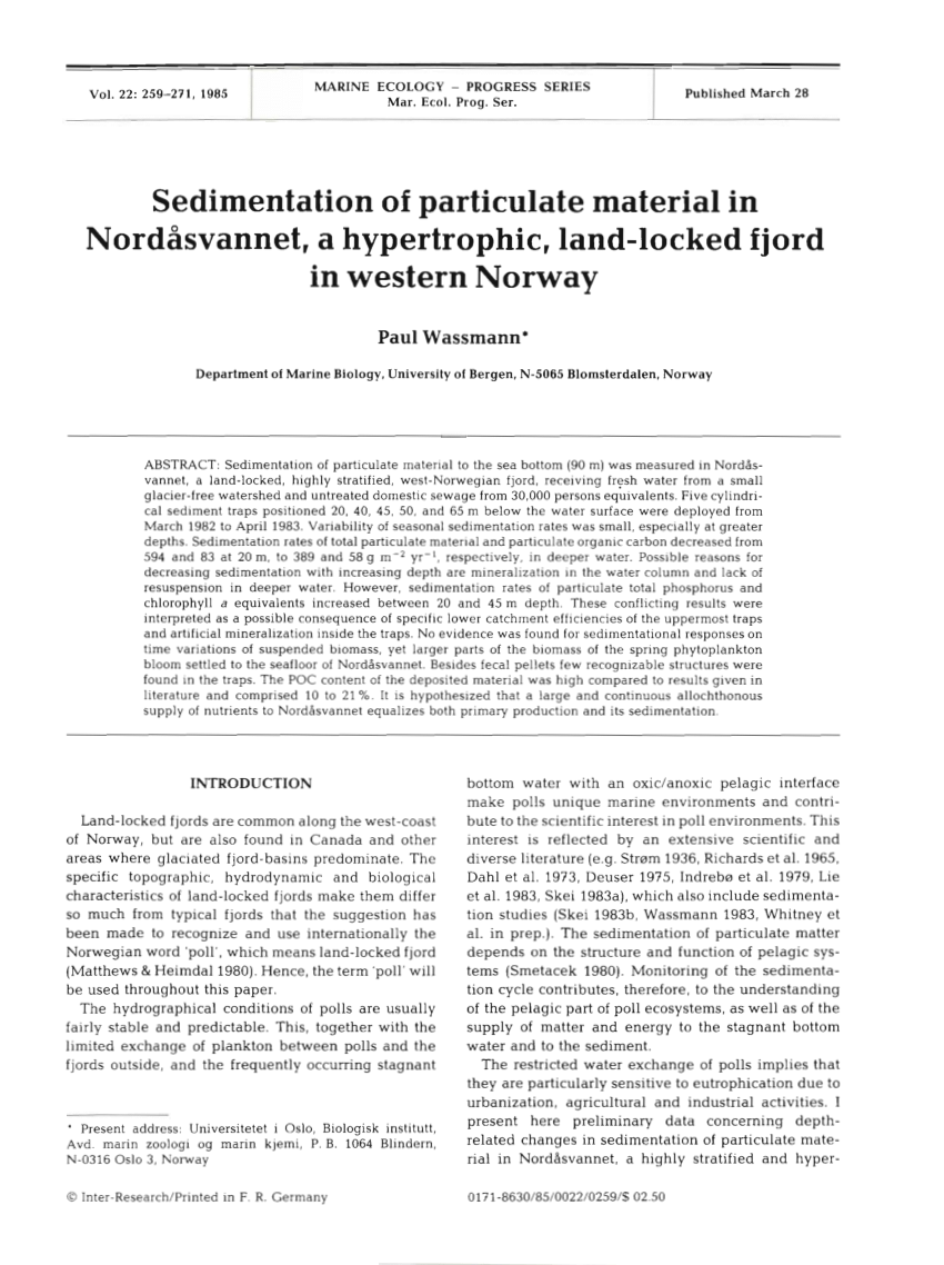 PDF) Sedimentation of particulate material in Nordasvannet, a hypertrophic,  landlocked fjord in western Norway