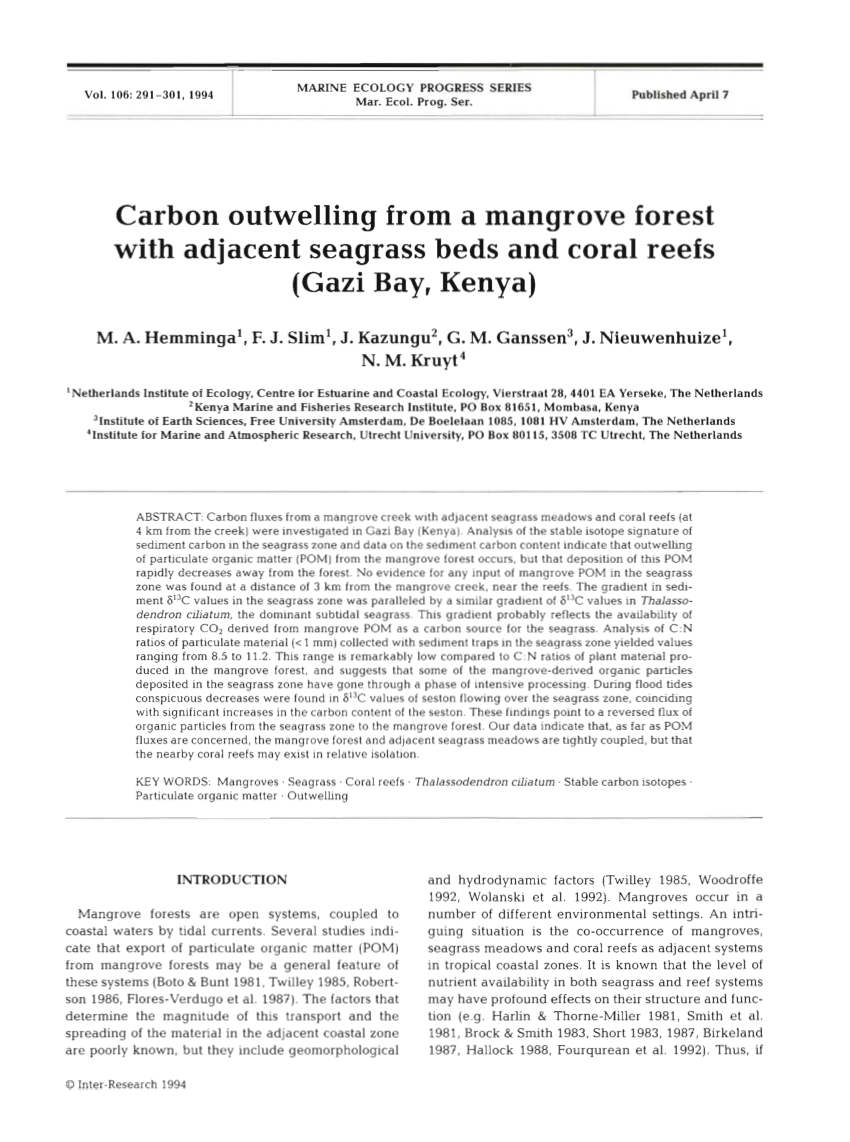 Række ud fast Håbefuld PDF) Carbon outwelling from a mangrove forest with adjacent seagrass beds  and coral reefs (Gazi Bay, Kenya)