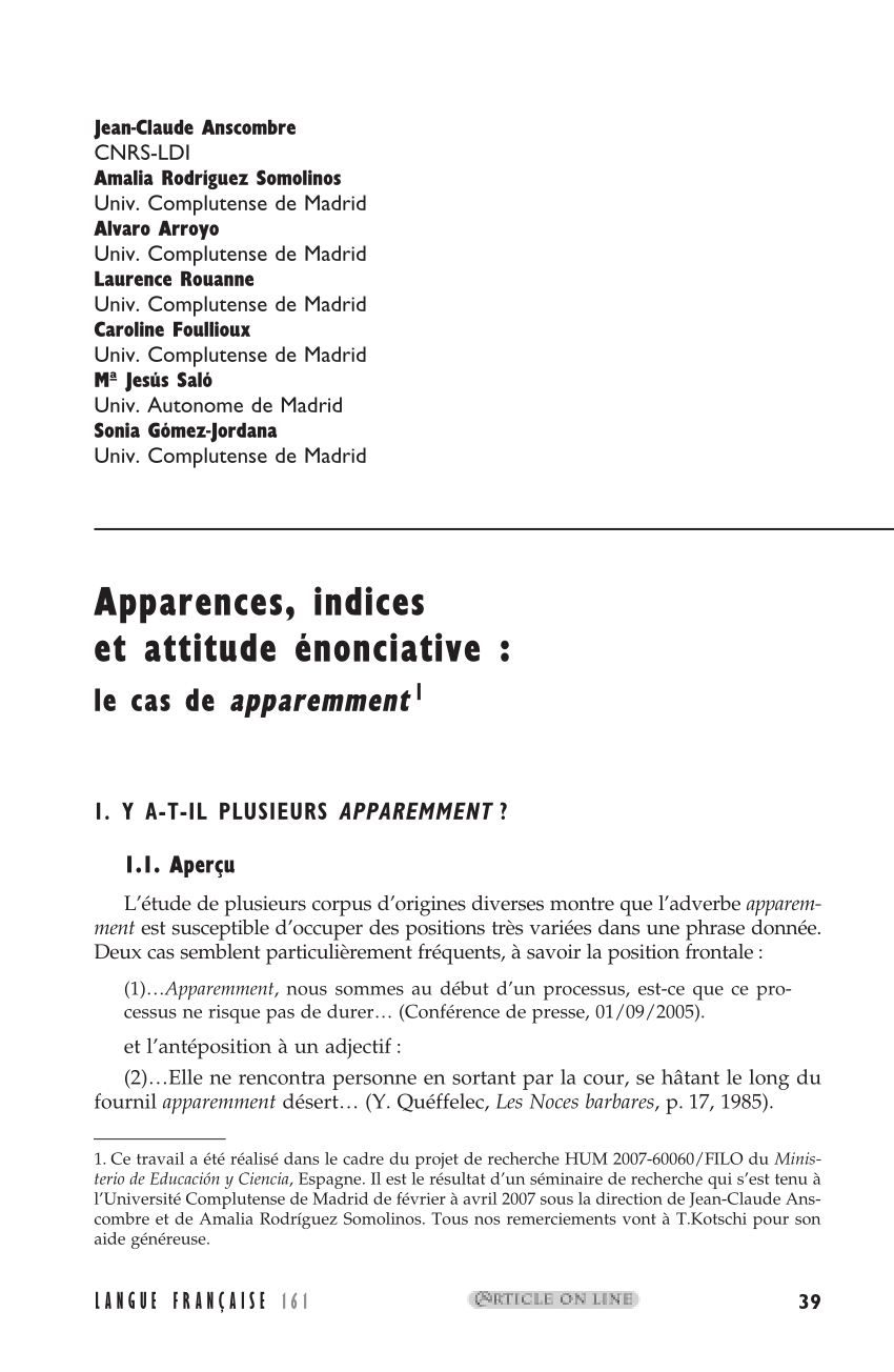 Pdf Apparences Indices Et Attitude Enonciative Le Cas De Apparemment