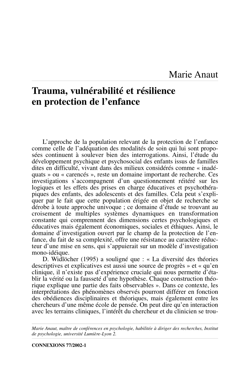 Pdf Trauma Vulnerabilite Et Resilience En Protection De L Enfance