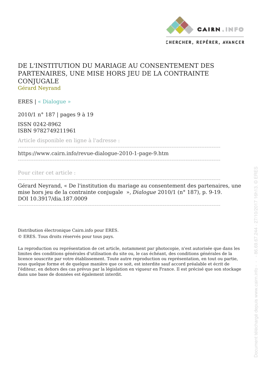 Pdf De L Institution Du Mariage Au Consentement Des Partenaires Une Mise Hors Jeu De La Contrainte Conjugale