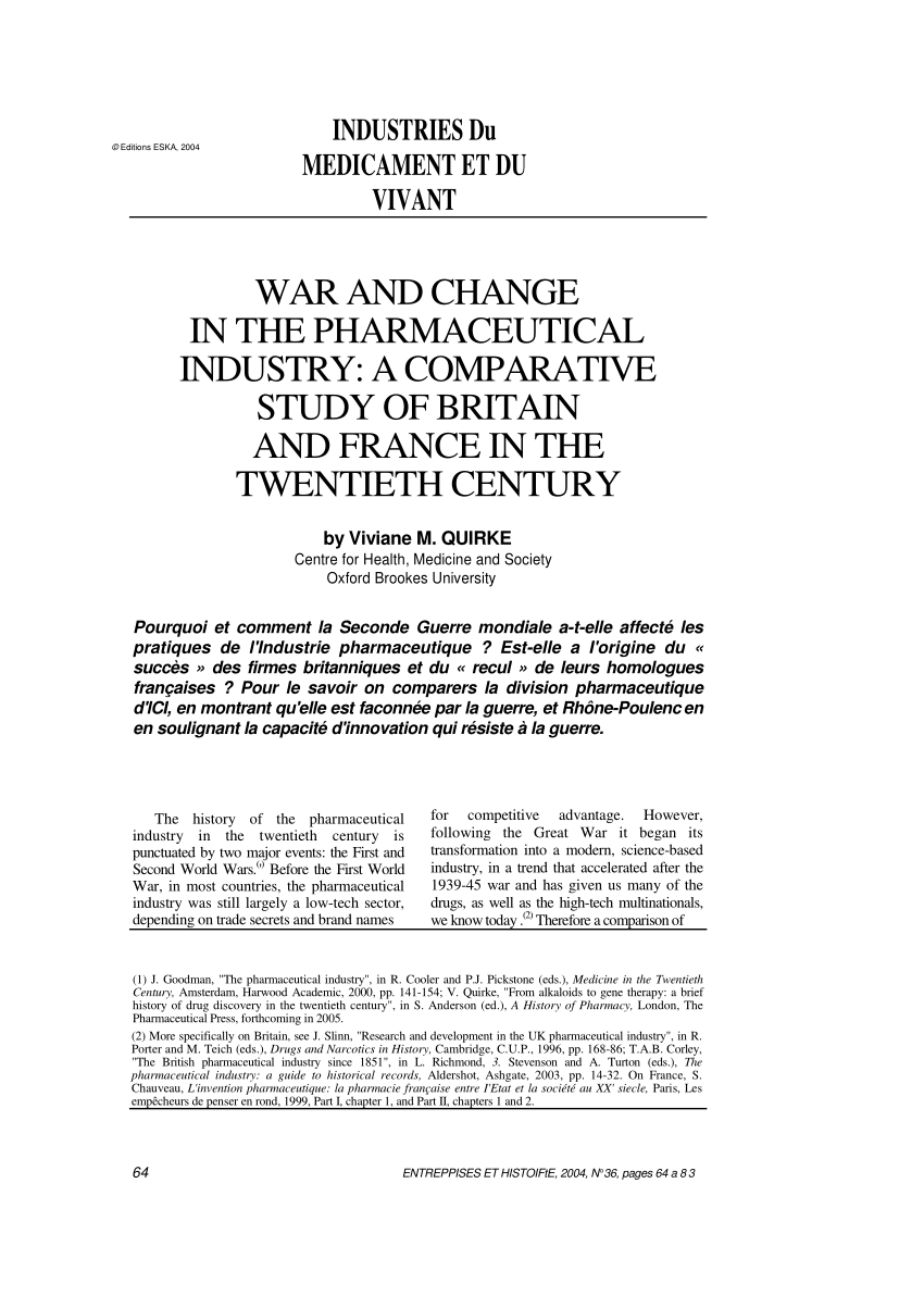 Pdf War And Change In The Pharmaceutical Industry A Comparative Study Of Britain And France In The Twentieth Century