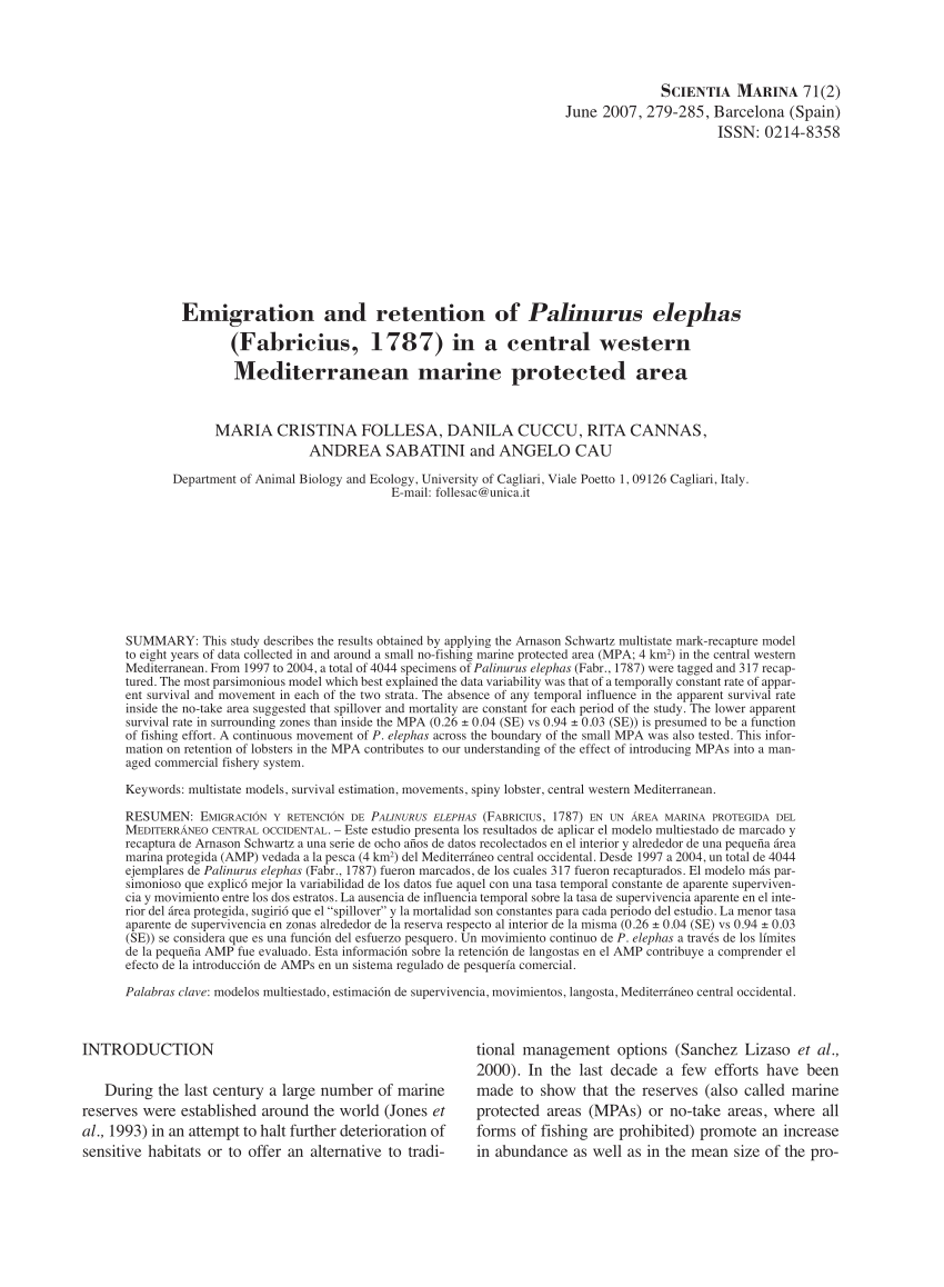 Pdf Emigracion Y Retencion De Palinurus Elephas Fabricius 1787 En Un Area Marina Protegida Del Mediterraneo Central Occidental