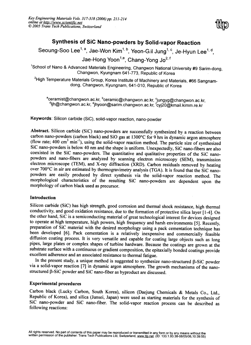 Pdf Synthesis Of Sic Nano Powders By Solid Vapor Reaction