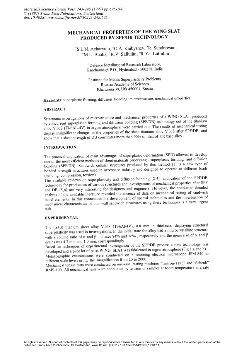 (PDF) Mechanical Properties of the Wing Slat Produced by SPF/DB Technology