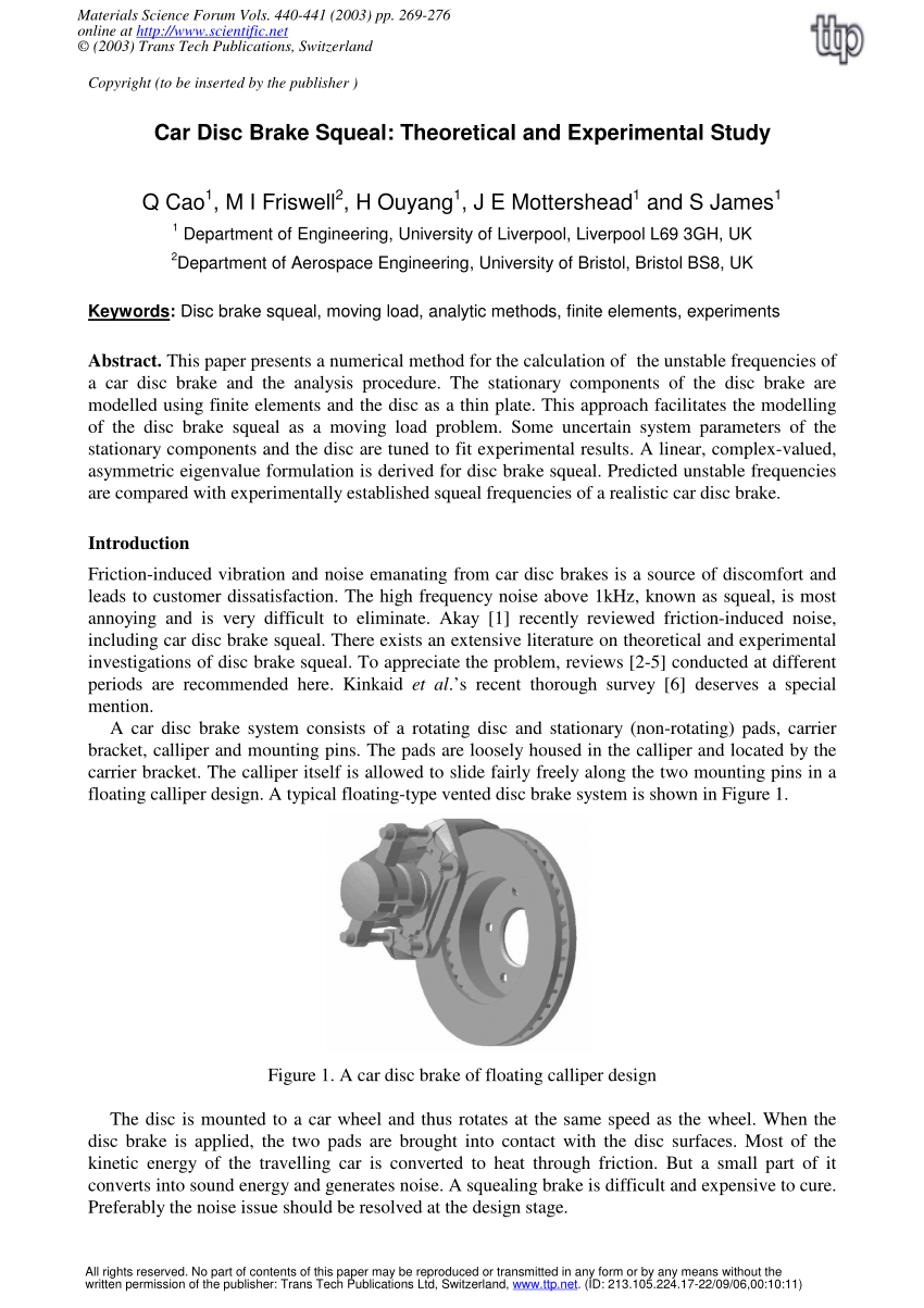 Pdf Car Disc Brake Squeal Theoretical And Experimental Study
