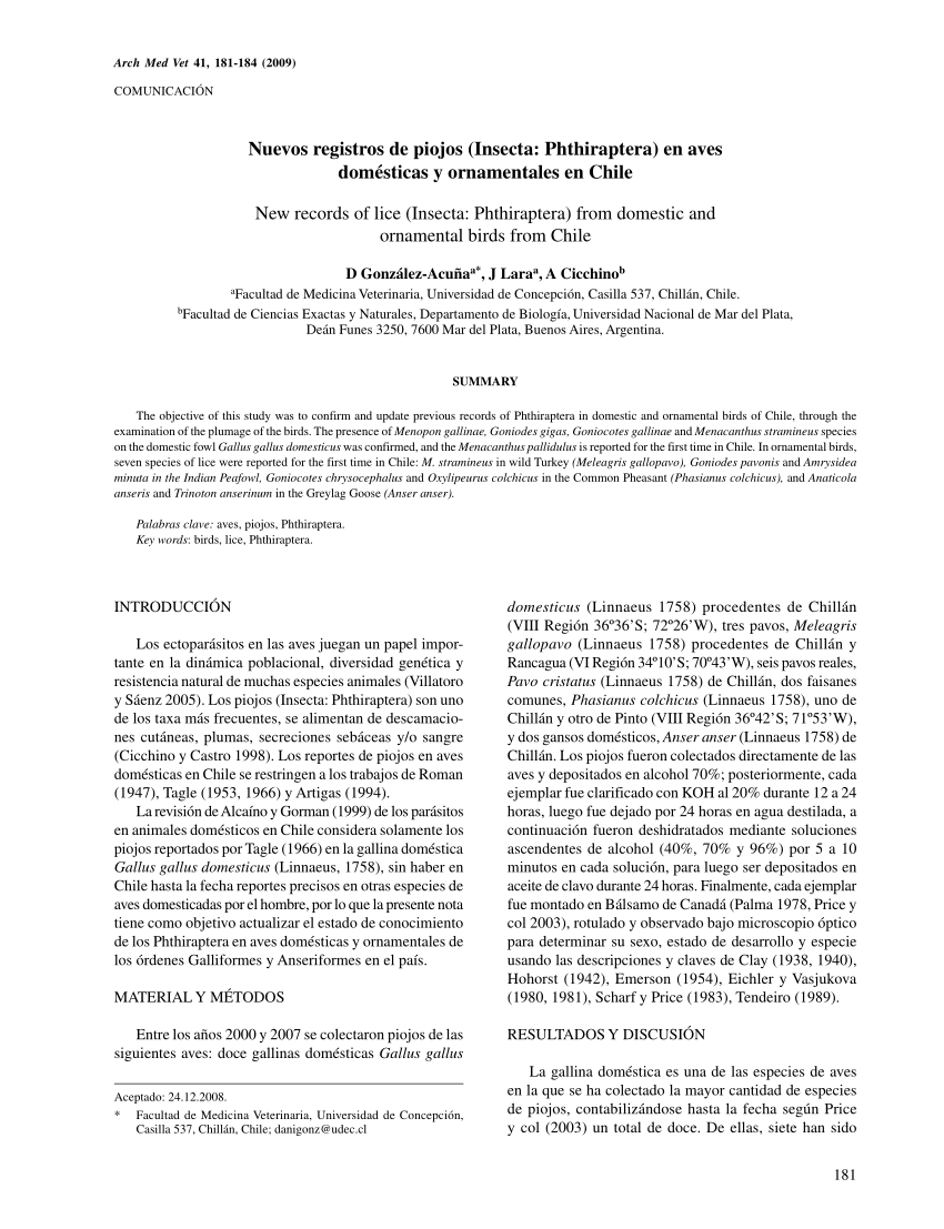 Pdf Nuevos Registros De Piojos Insecta Phthiraptera En Aves Domesticas Y Ornamentales En Chile