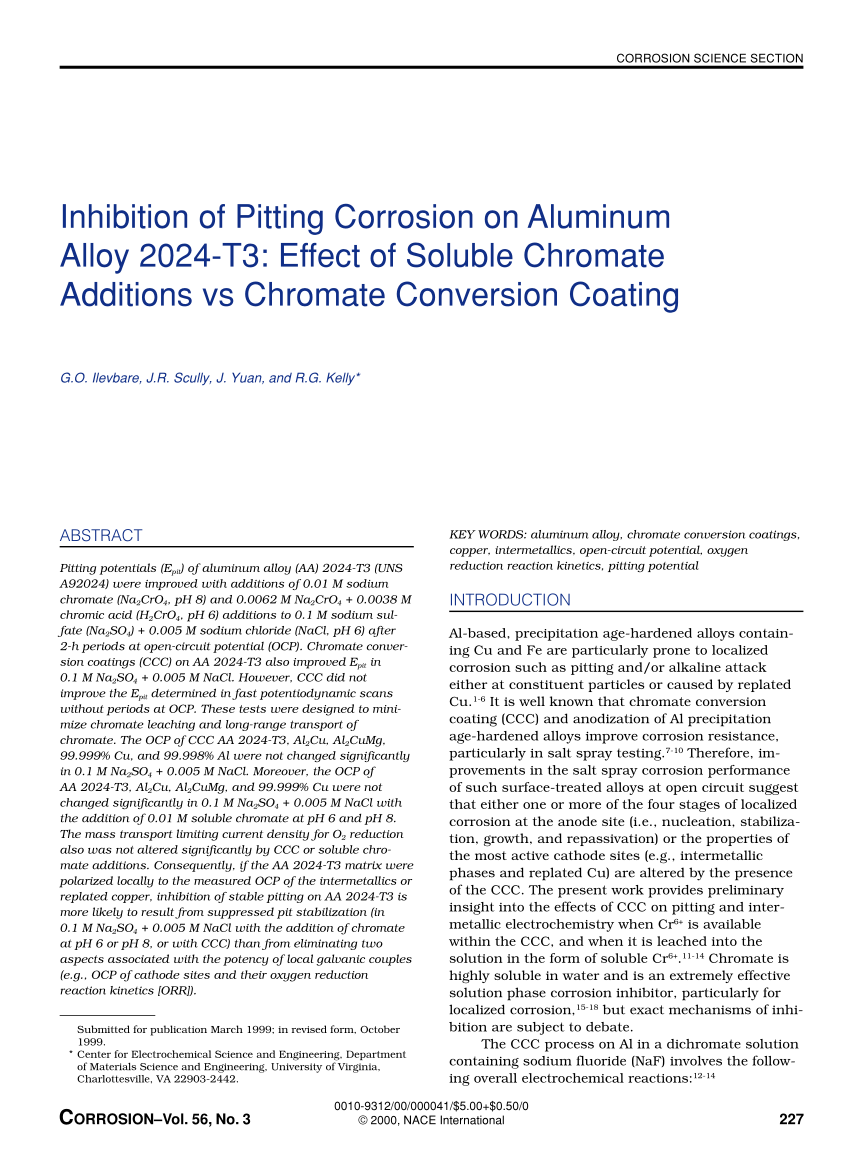 Pdf Inhibition Of Pitting Corrosion On Aluminum Alloy 24 T3 Effect Of Soluble Chromate Additions Vs Chromate Conversion Coating