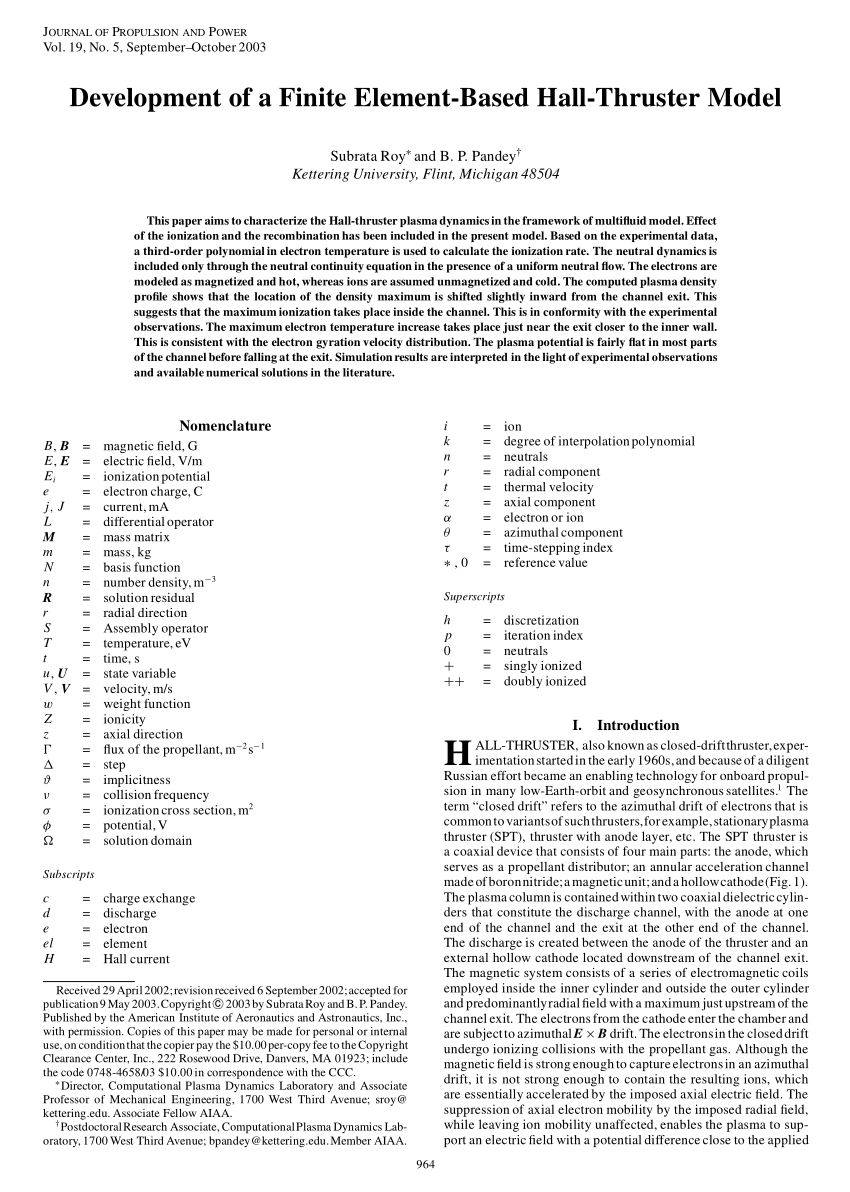 Pdf Development Of A Finite Element Based Hall Thruster Model