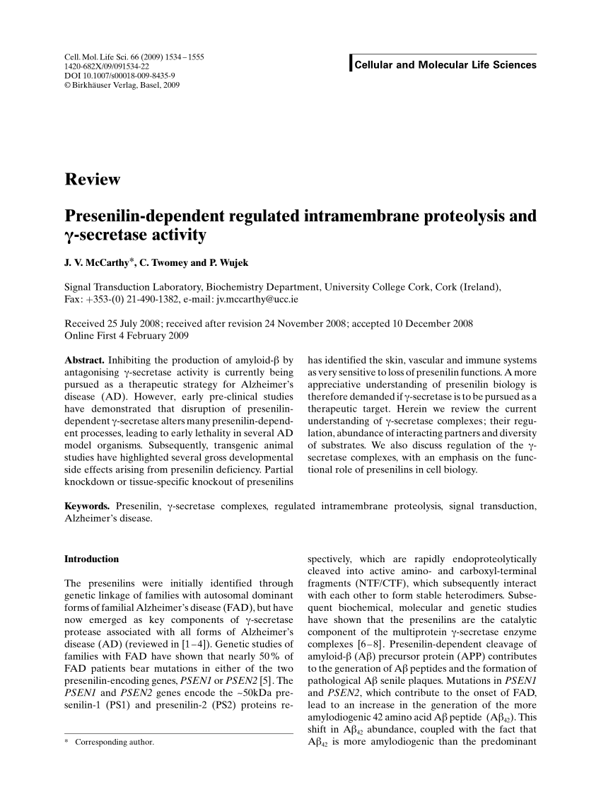 PDF) Presenilin-dependent regulated intramembrane proteolysis and