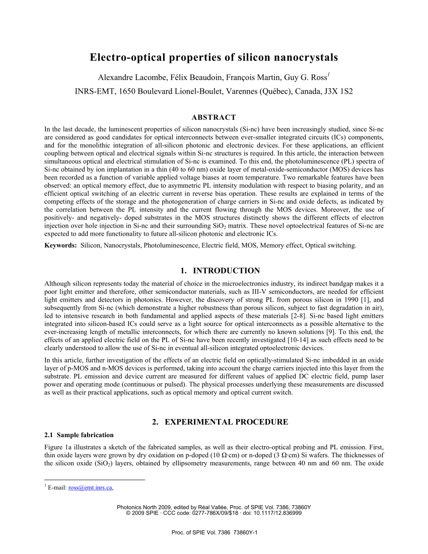 PDF Electro optical properties of silicon nanocrystals