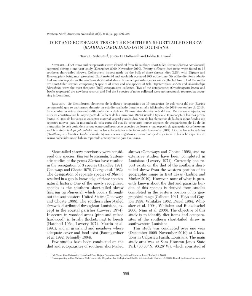 (PDF) Diet and Ectoparasites of the Southern Short-Tailed Shrew