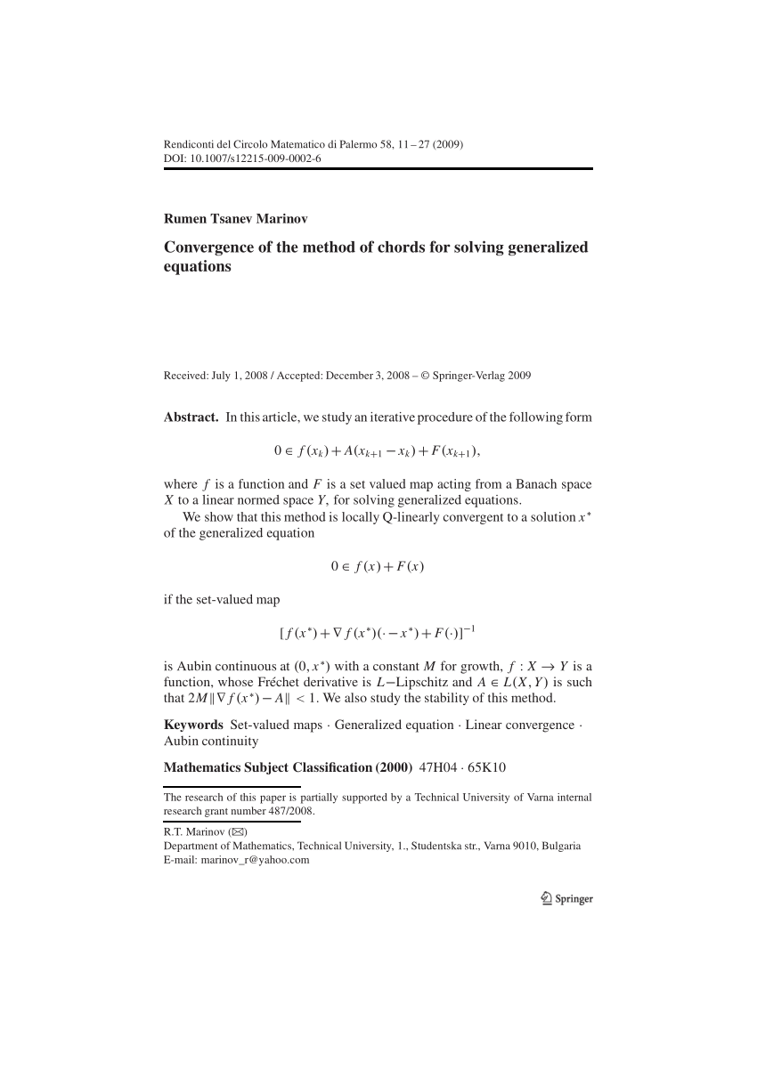 Pdf Convergence Of The Method Of Chords For Solving Generalized Equations