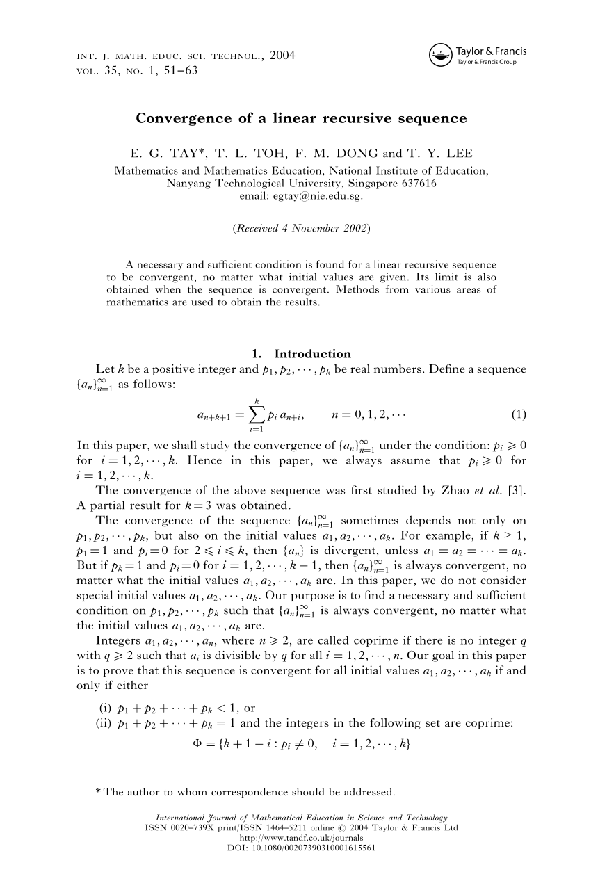Pdf Convergence Of A Linear Recursive Sequence