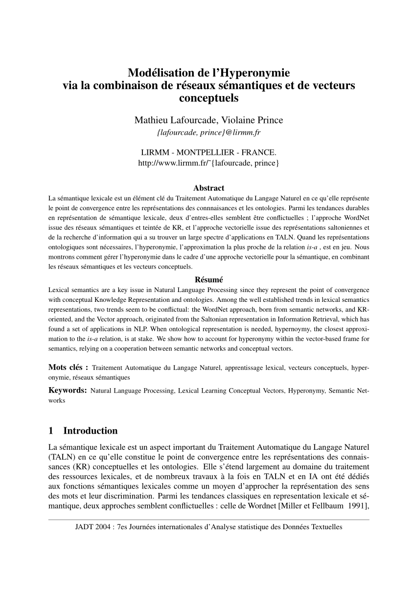 Pdf Modelisation De L Hyperonymie Via La Combinaison De Reseaux Semantiques Et De Vecteurs Conceptuels