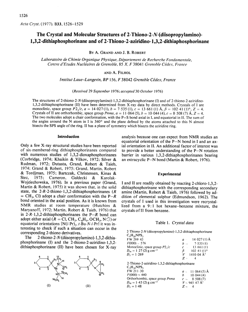 Pdf The Crystal And Molecular Structures Of 2 Thiono 2 N Diisopropylamino 1 3 2 Dithiophosphorinane And Of 2 Thiono 2 Aziridino 1 3 2 Dithiaphosphorinane