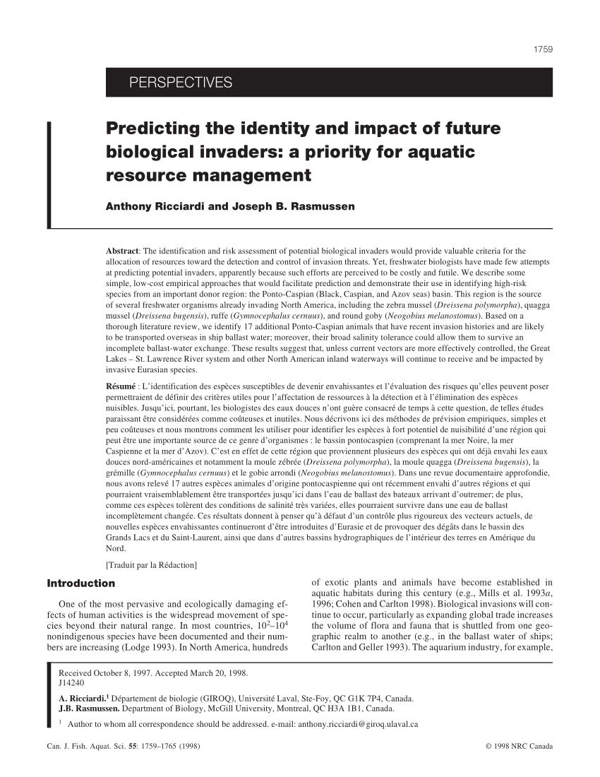 Canadian Journal Of Fisheries And Aquatic Sciences Impact Factor Pdf Predicting The Identity And Impact Of Future Biological Invaders A Priority For Aquatic Resource Management