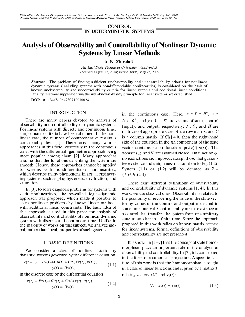 Pdf Analysis Of Observability And Controllability Of Nonlinear Dynamic Systems By Linear Methods