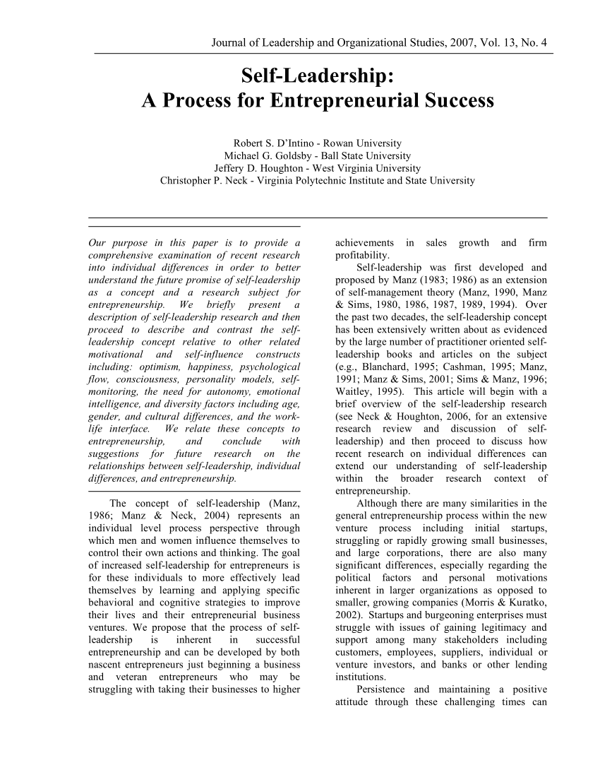 Pdf Self Leadership A Process For Entrepreneurial Success