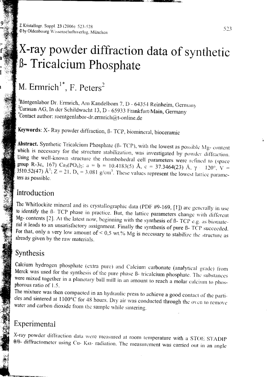 Pdf X Ray Powder Diffraction Data Of Synthetic Ss Tricalcium Phosphate